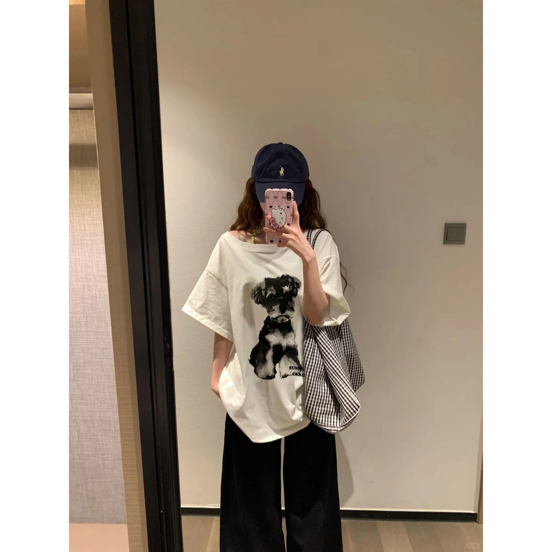 夏季新款休闲一字肩短袖t恤女设计感卡通印花宽松慵懒风上衣