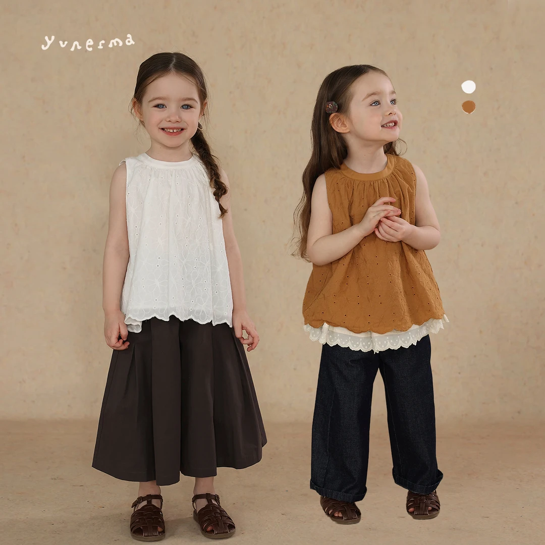 女童夏季韩系镂空花边背心娃娃衫允儿妈2025新款洋气衬衫儿童上衣
