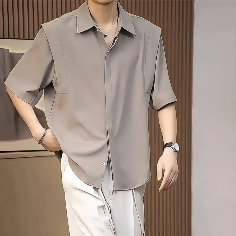 冰丝短袖衬衫男士夏季高级垂感半袖上衣今年流行纯色免烫中袖衬衣