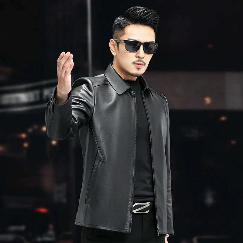VBA 5590QC YZX头层牛皮翻领单装春秋海宁真皮皮衣休闲短款男夹克