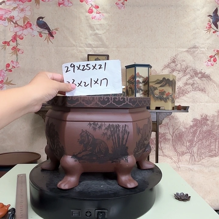 花***艺紫砂花盆五虎图紫砂花盆