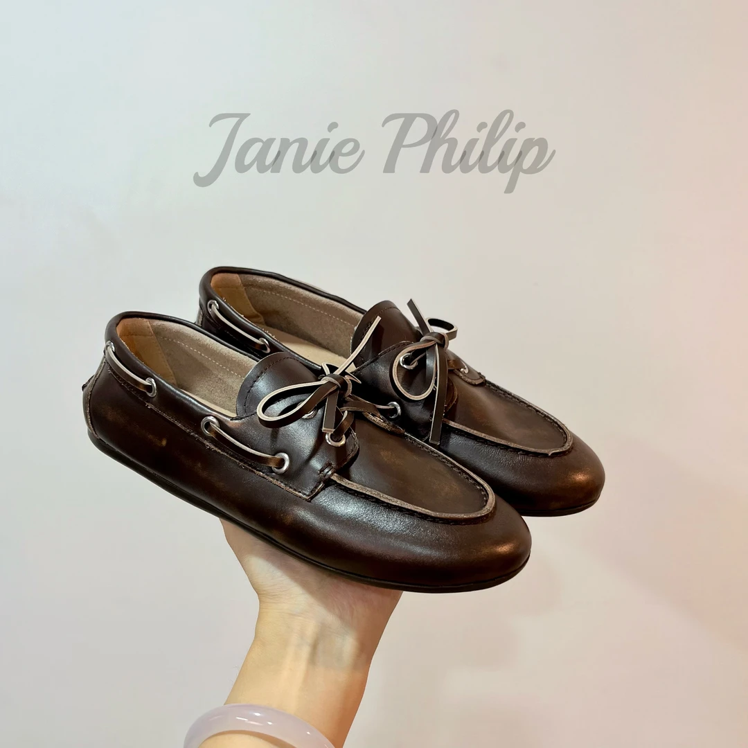 janie Philip乐福鞋 真皮牛皮 复古做旧擦色 软底软面 平底豆豆鞋