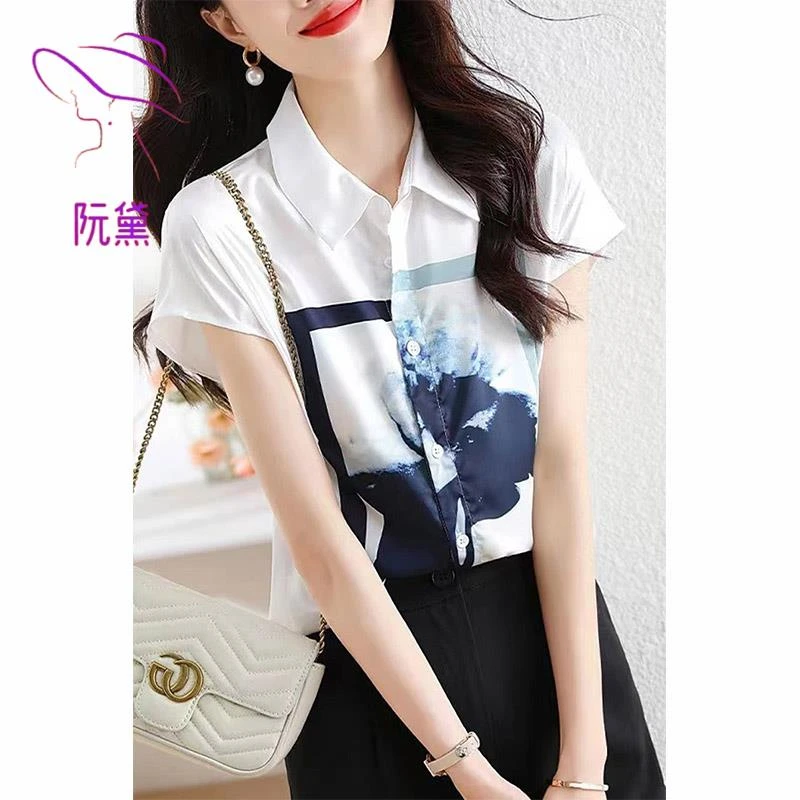 阮黛印花短袖衬衫夏季气质时尚宽松休闲显瘦小众polo领雪纺衬衣女
