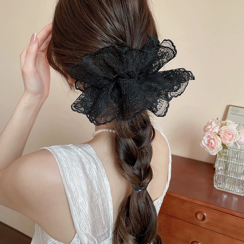超仙双层褶皱裙摆蕾丝发绳大肠发圈2025新款发绳女扎马尾头饰头花