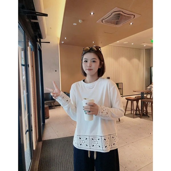 【云间白T】单穿叠穿都好看~重工镂空花边圆领长袖百搭T恤