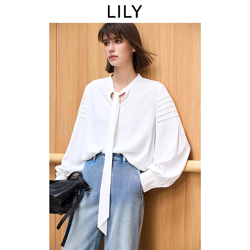 LILY2025春季设计感法式度假风垂感飘带领通勤白衬衫125129C8918