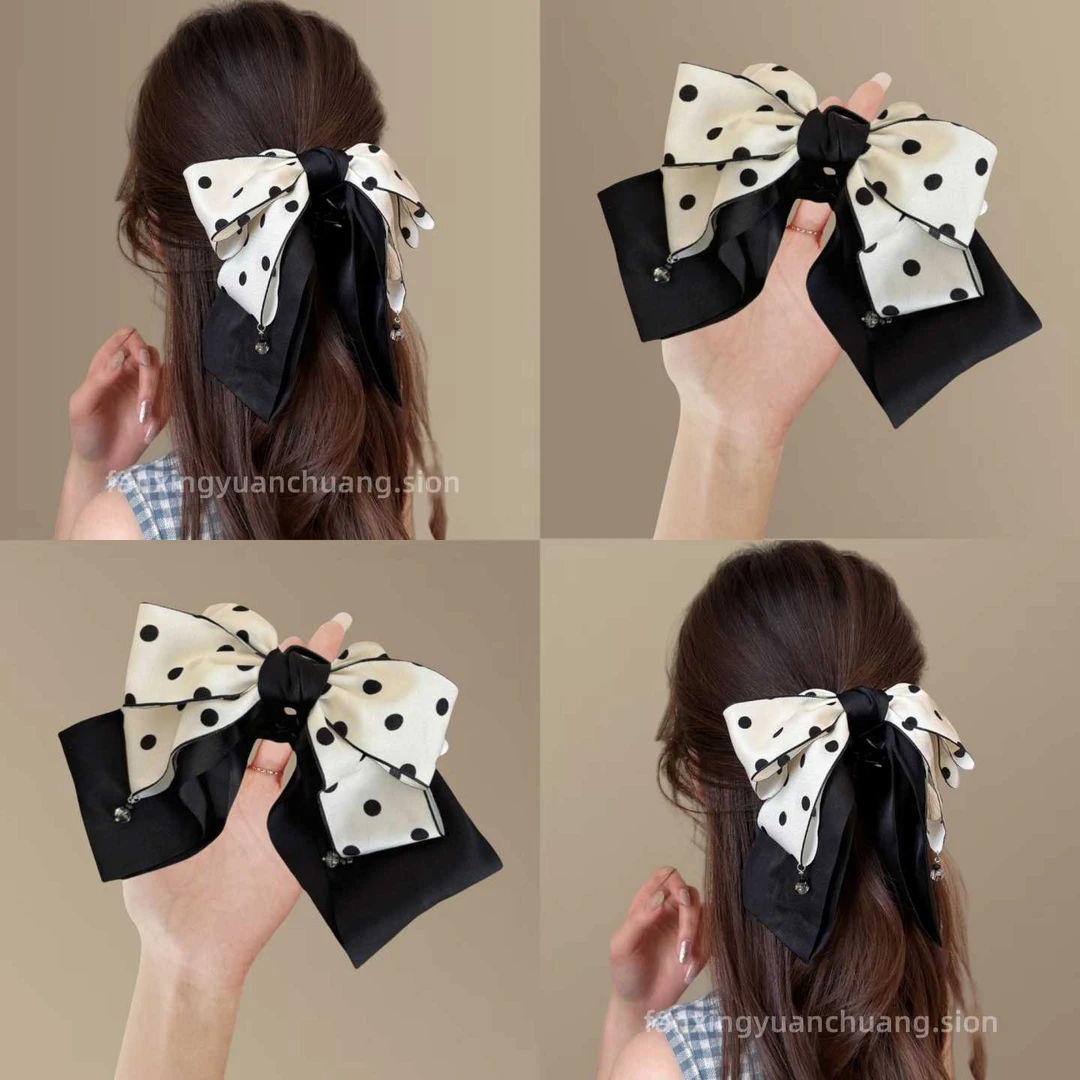 经典黑白波点布艺马尾夹蝴蝶结后脑勺发夹半扎发高级感抓夹