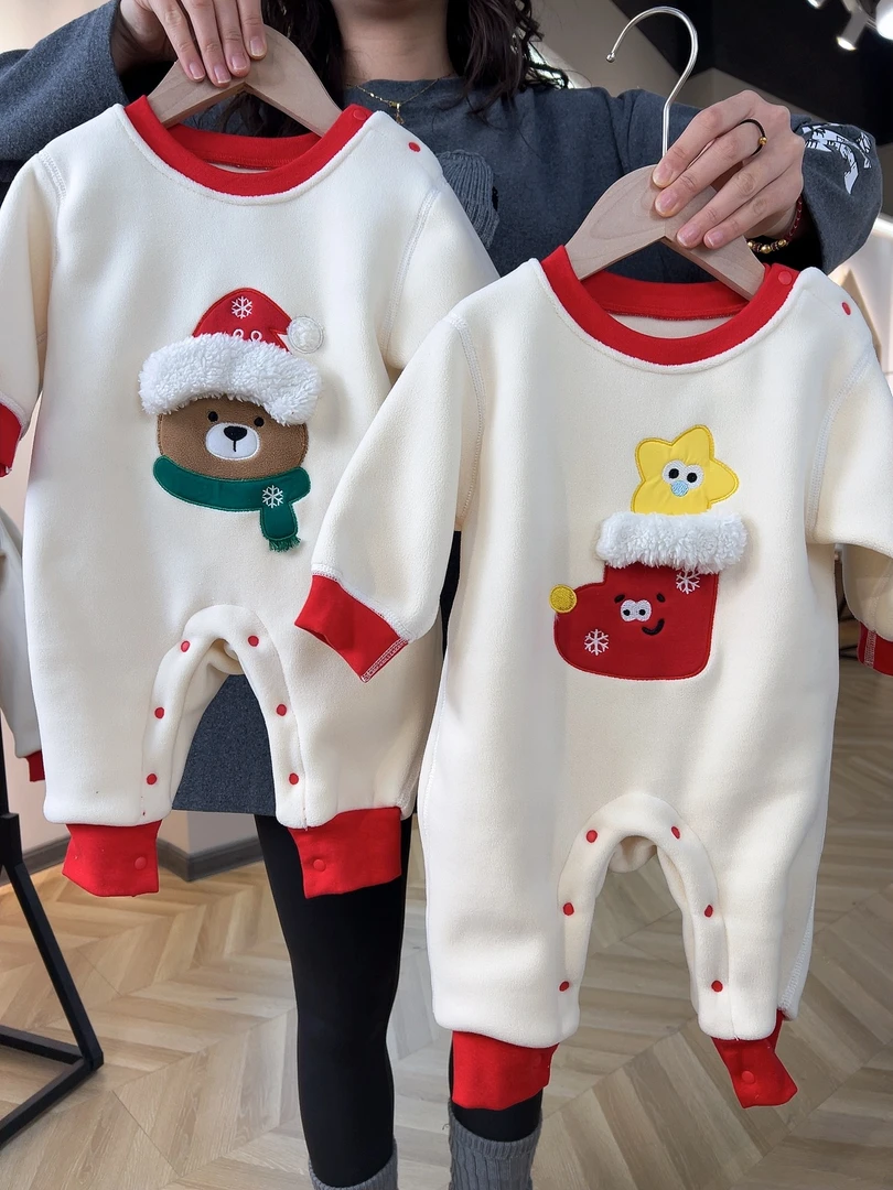 婴儿奥粒绒加厚外出连体衣男女宝宝秋冬爬服