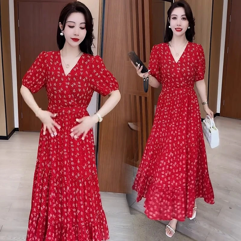 时尚连衣裙女2025夏季新款洋气质收腰显瘦V领中长款过膝碎花裙子