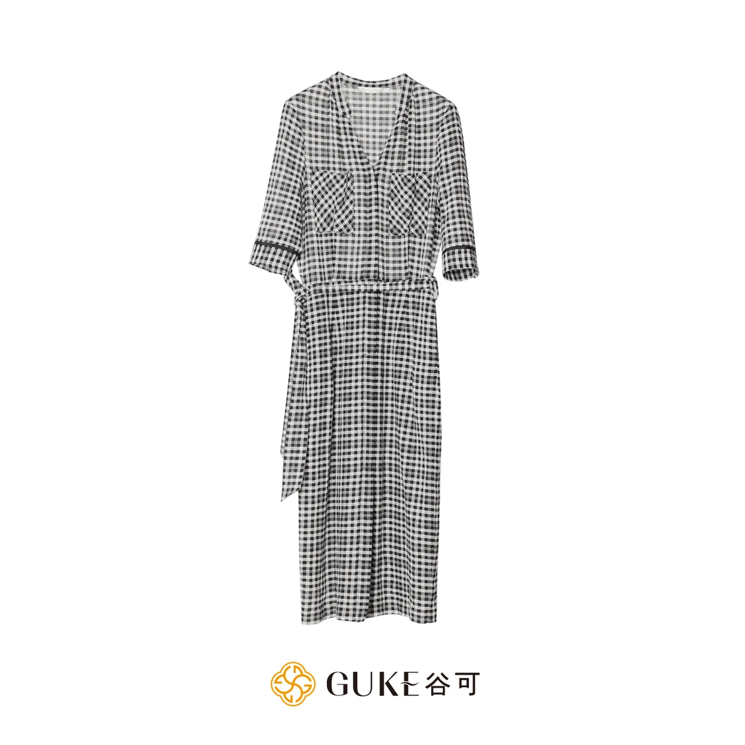 GKE/谷可LQ1232黑白格子连衣裙女2025夏季新款V领收腰显瘦长裙子