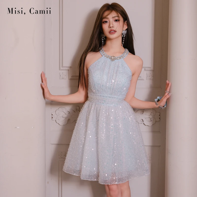 Misi,Camii2025年夏季新款女装钻饰钉珠挂脖伞摆礼服裙高定连衣裙