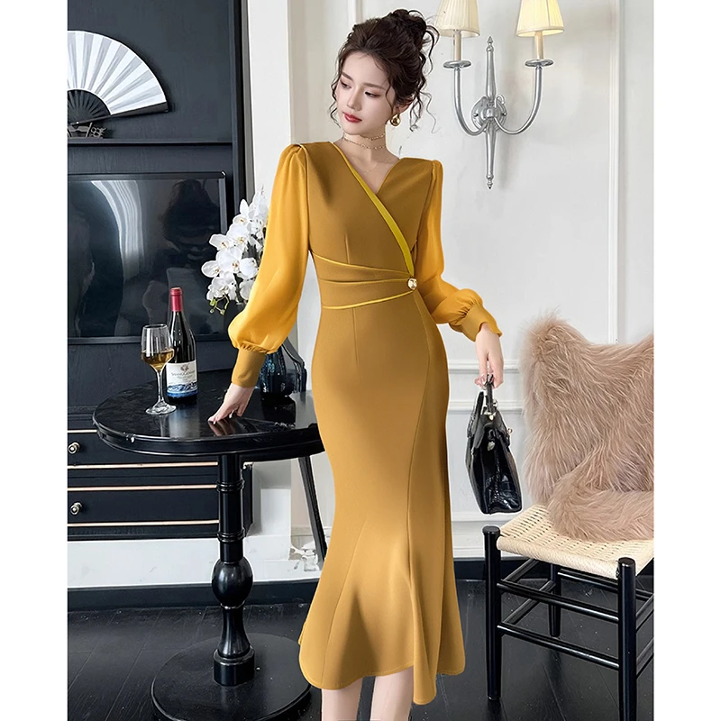 女装春季新款气质高级感通勤优雅修身显瘦拼接鱼尾摆连衣裙D0430