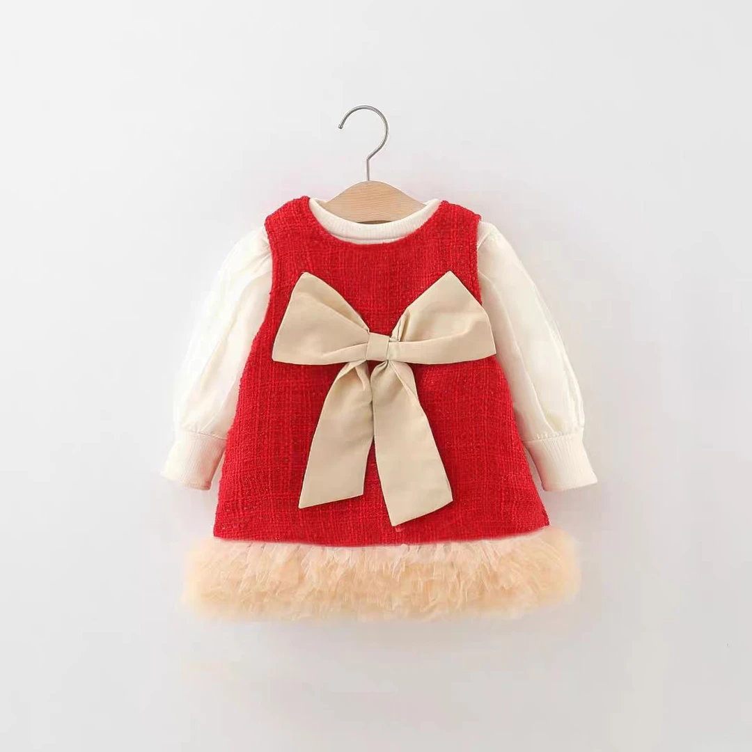 6100套装秋冬季儿童女宝宝蝴蝶结网纱公主背心裙子两件套加绒