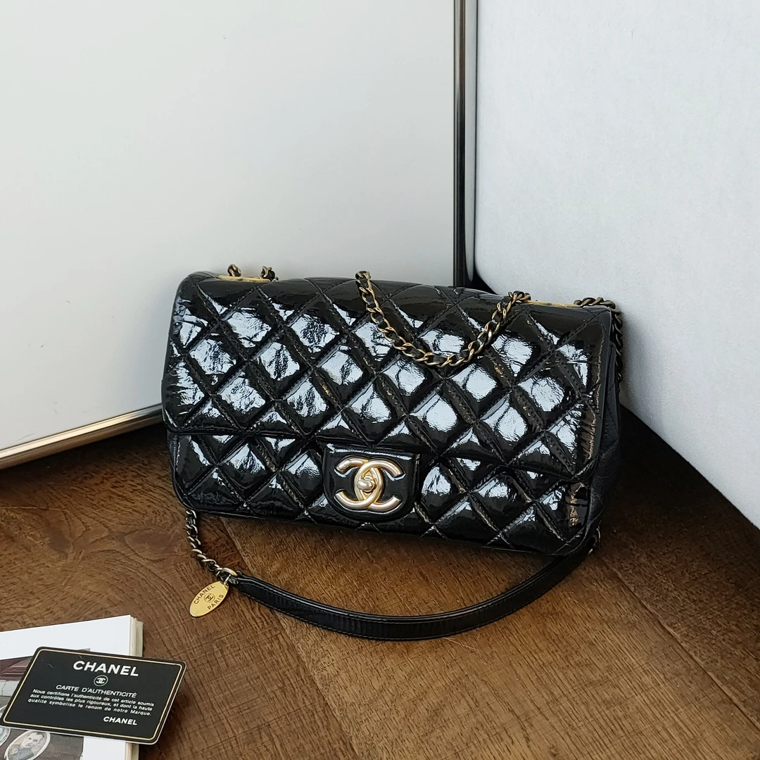 95新 Chanel/香奈儿 Azul-黑金漆皮拼山羊皮金币CF单肩包/49354