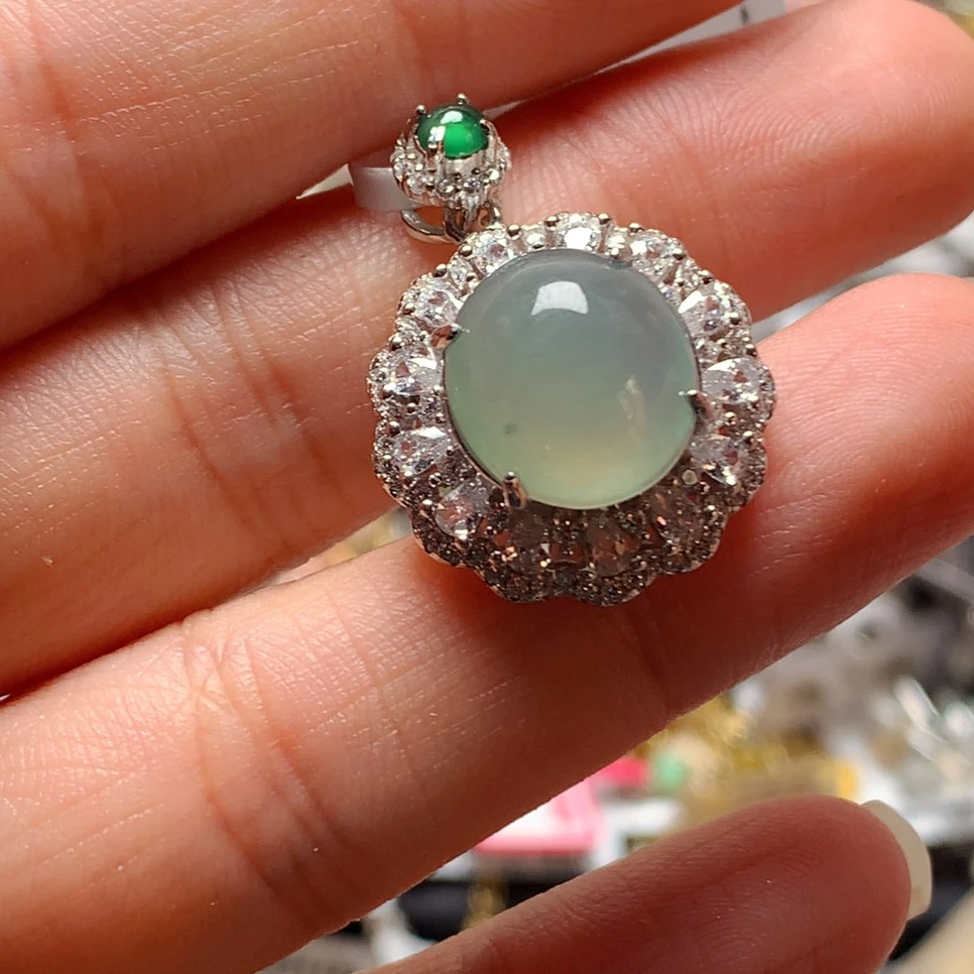 翡翠戒指银S925镶嵌天然翡翠吊坠