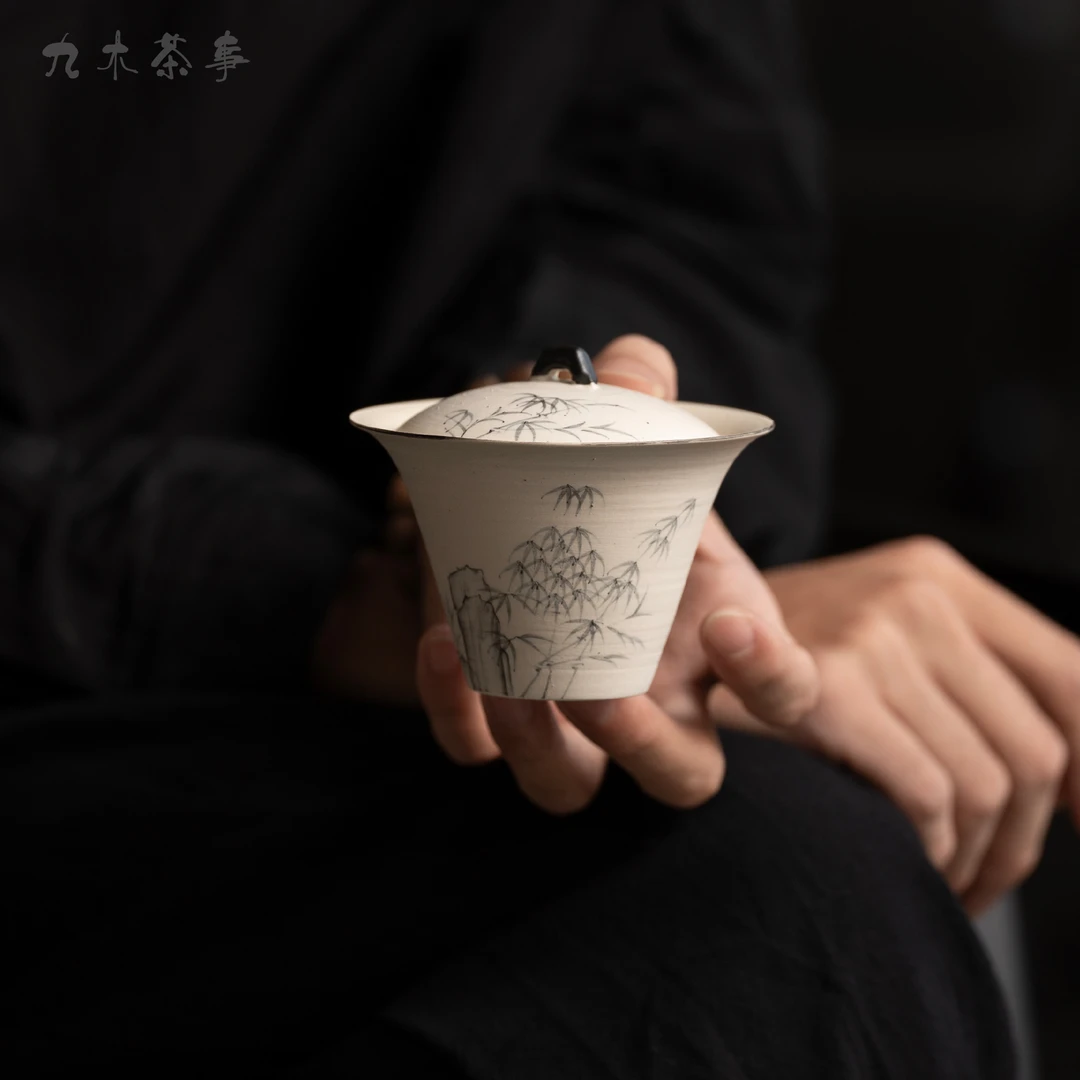 九木丨白粉引手绘墨竹粗陶盖碗中式手工陶瓷复古家用防烫泡茶盖碗