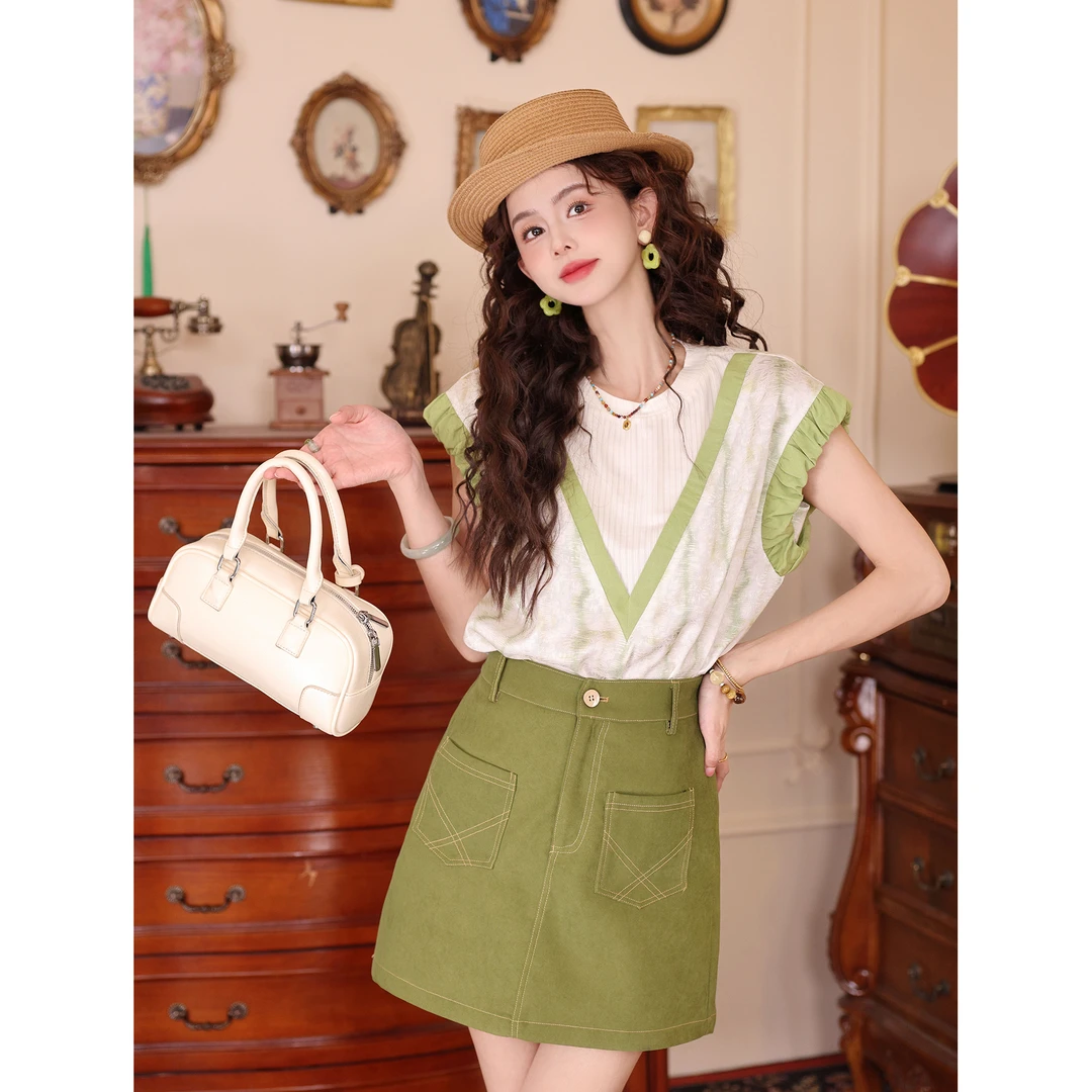 陈大器【青柠手记】复古港风刺绣夏季短袖T恤休闲宽松上衣JS1115089