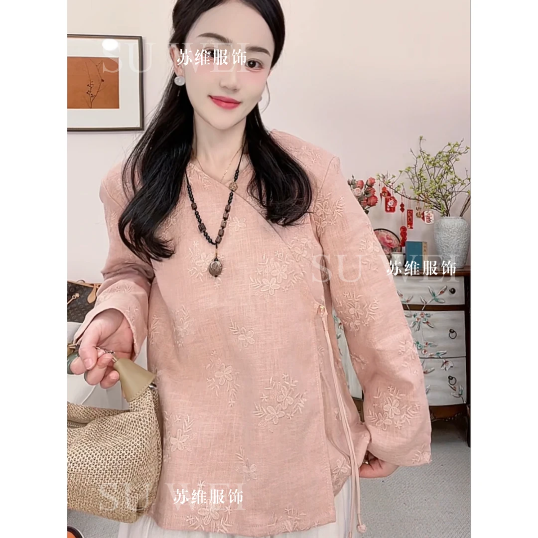 【维揽】8112夏季宽松型麻料衬衫提花春季宽松百搭时尚复古中国风