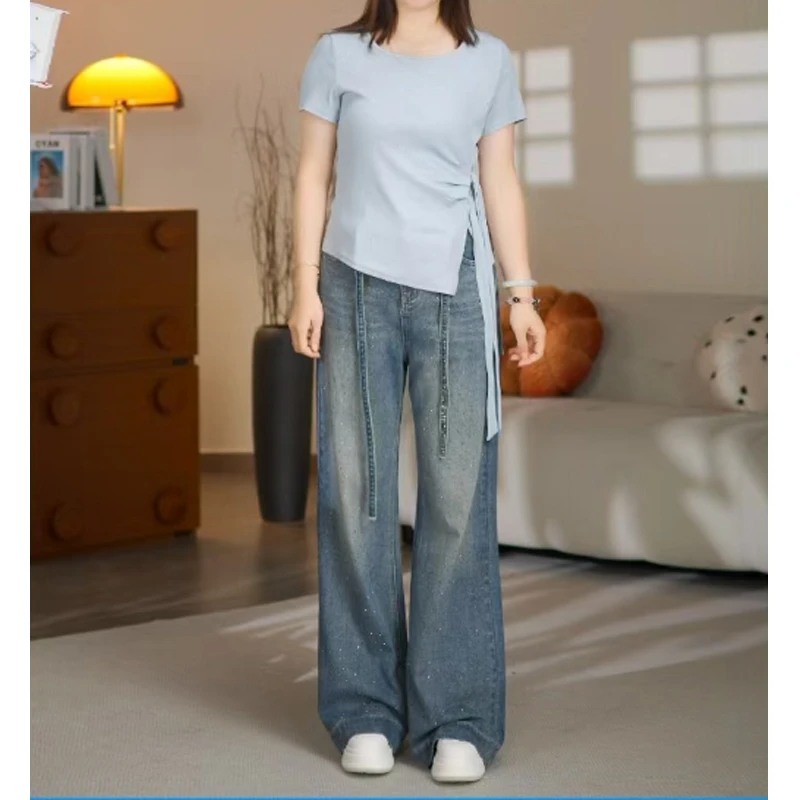 25523#渐变色高腰薄款大码胖mm阔腿微喇女2025夏季新款牛仔裤女