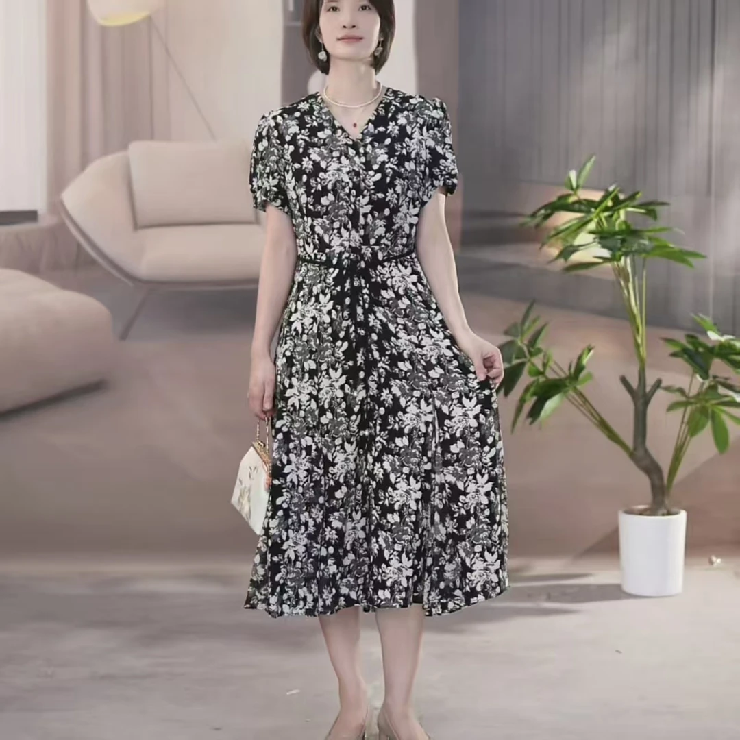 XB032-X吸汗蕾丝极简风A字裙大码连衣裙宽松腰中长裙成人