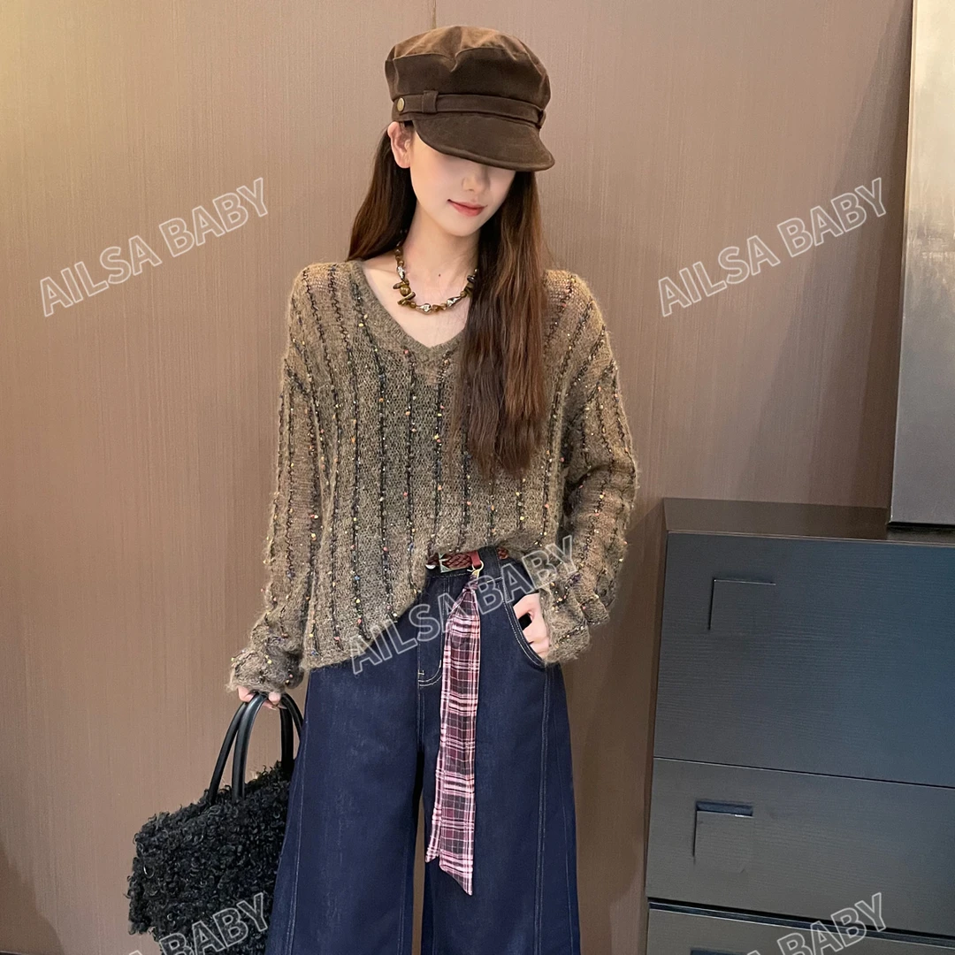 【AILSA BABY】欧货手工绣球带亮片V领慵懒马海毛毛衣/90605A