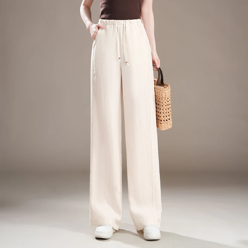 哥弟阿玛施正品2025夏季新款亚麻休闲直筒女裤高腰宽松阔腿裤显瘦