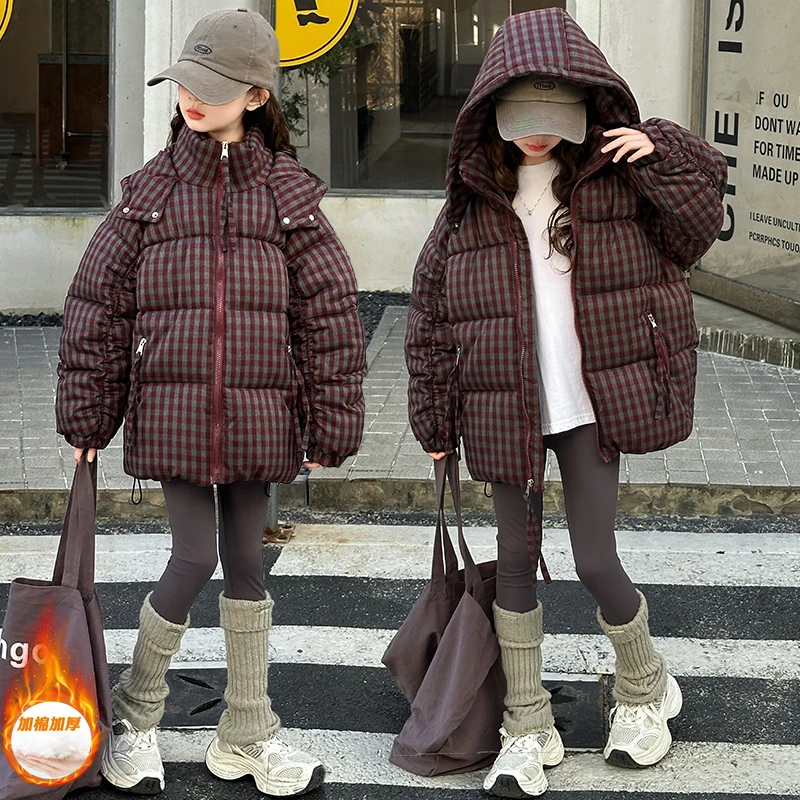 女童棉衣冬装2025新款儿童中大童冬季加厚外套女孩格子连帽棉服潮
