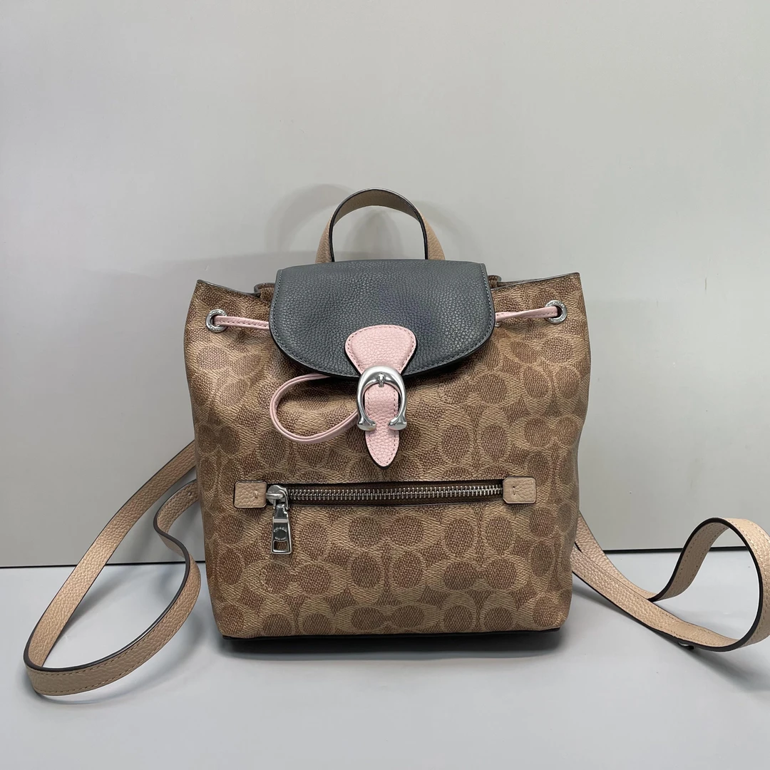 95新 COACH/蔻驰 墨绿拼老花双肩包21*23*9cmE010209