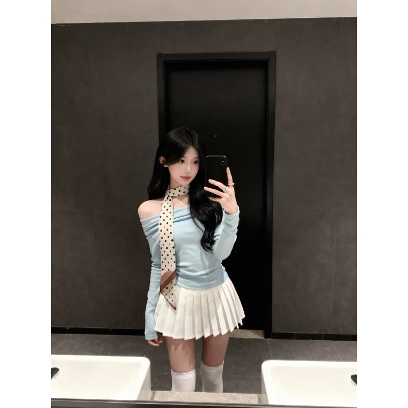 纯欲风露肩气质长袖一字肩修身针织衫上衣高腰显瘦百褶裙两件套装