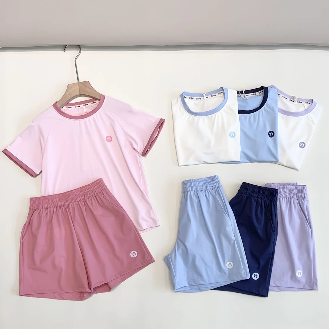 多巴胺撞色速干儿童时尚套装男女中大童休闲运动透气短袖短裤