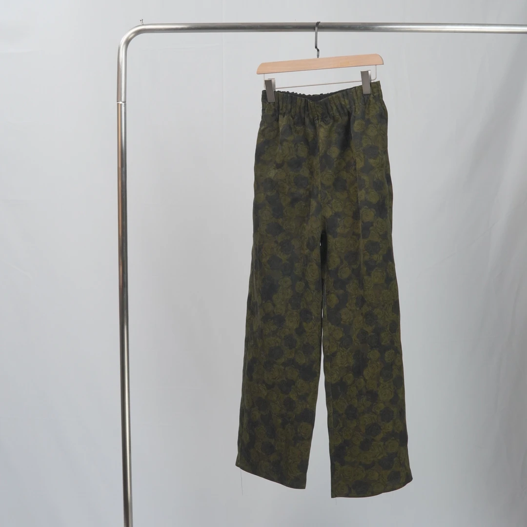 浔象丝绸绿玫瑰直筒裤