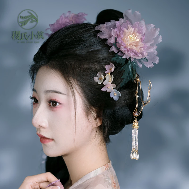 稷氏小筑 小橘紫    汉服配饰古典发梳仙气手工烫花软杆发饰