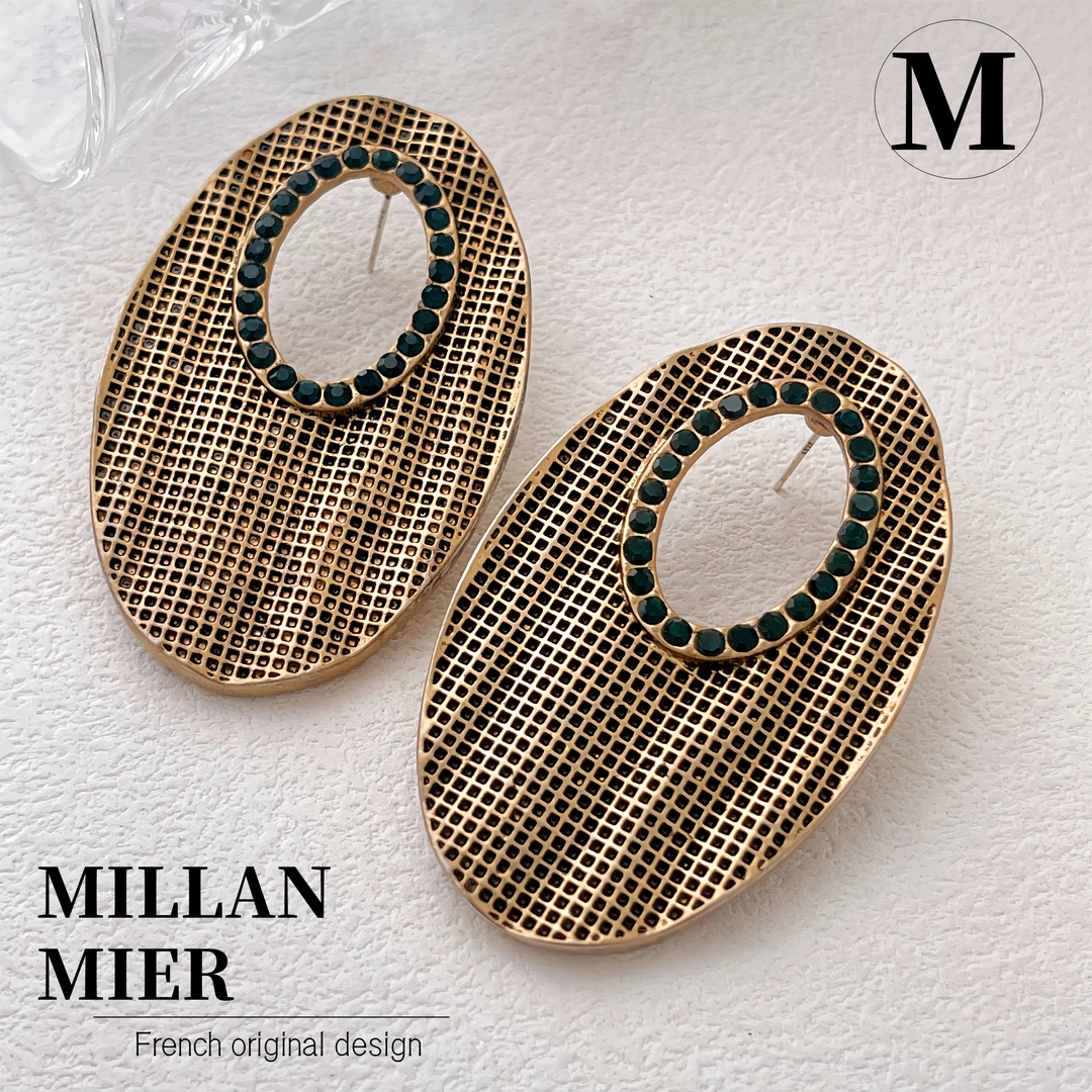 MillanMier 铜合金玻璃耳饰 【菱格】原创法式复古椭圆大耳环