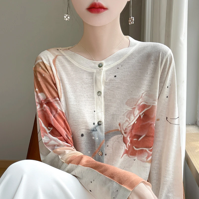 水溶精纺羊毛开衫女士圆领拼色印花针织长袖毛衣洋气时尚外穿外套