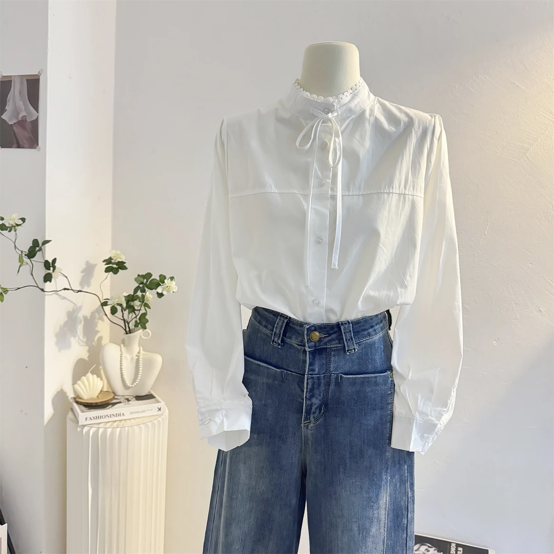 白色系带花边立领长袖衬衫女2025秋季设计感法式减龄内搭打底衬衣