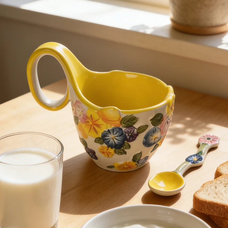 陶瓷手工浮雕手绘富雅人生曲把碗勺子早餐燕麦点心办公手柄碗杯子