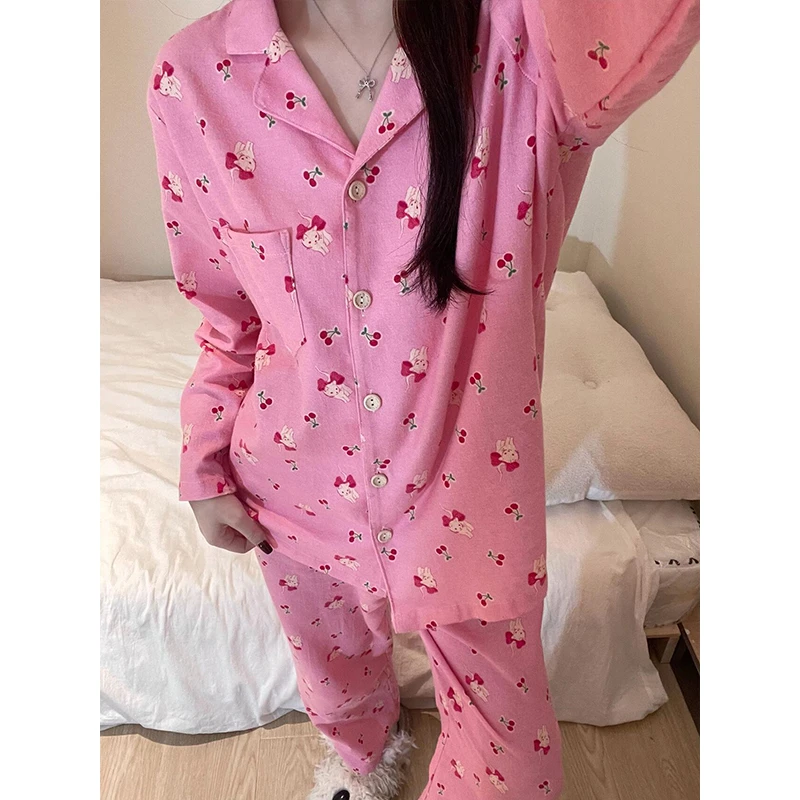 【樱桃猫咪】可爱少女睡衣女春夏新款开衫长袖长裤家居服套装可外穿