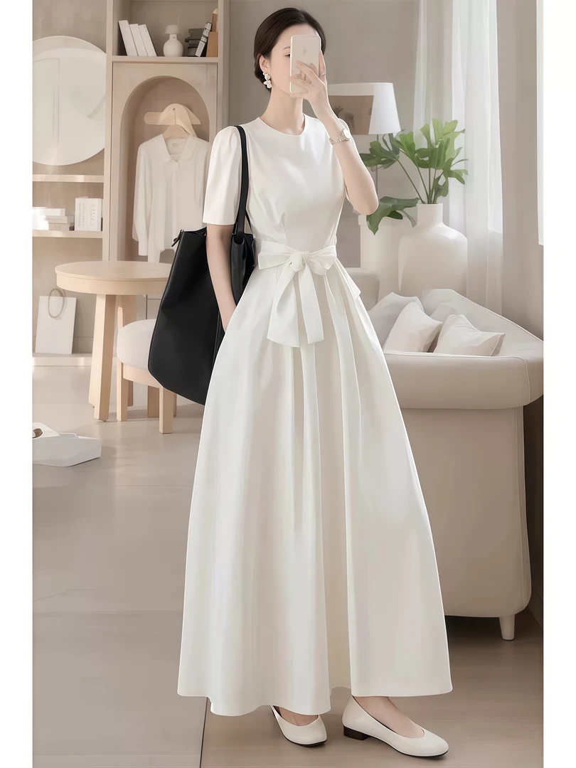 法式气质名媛轻奢高级感女神范长裙端庄大气白色绑带连衣裙春季女