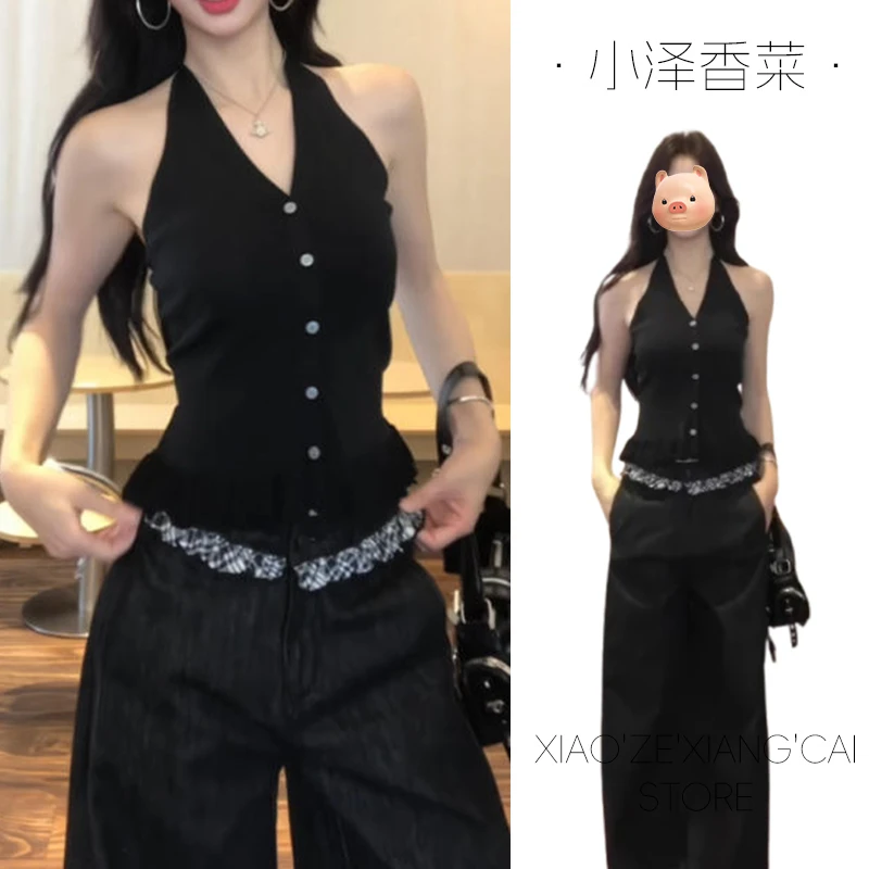 法式V领冰丝针织黑色挂脖露背吊带背心女夏外穿修身短款无袖上衣