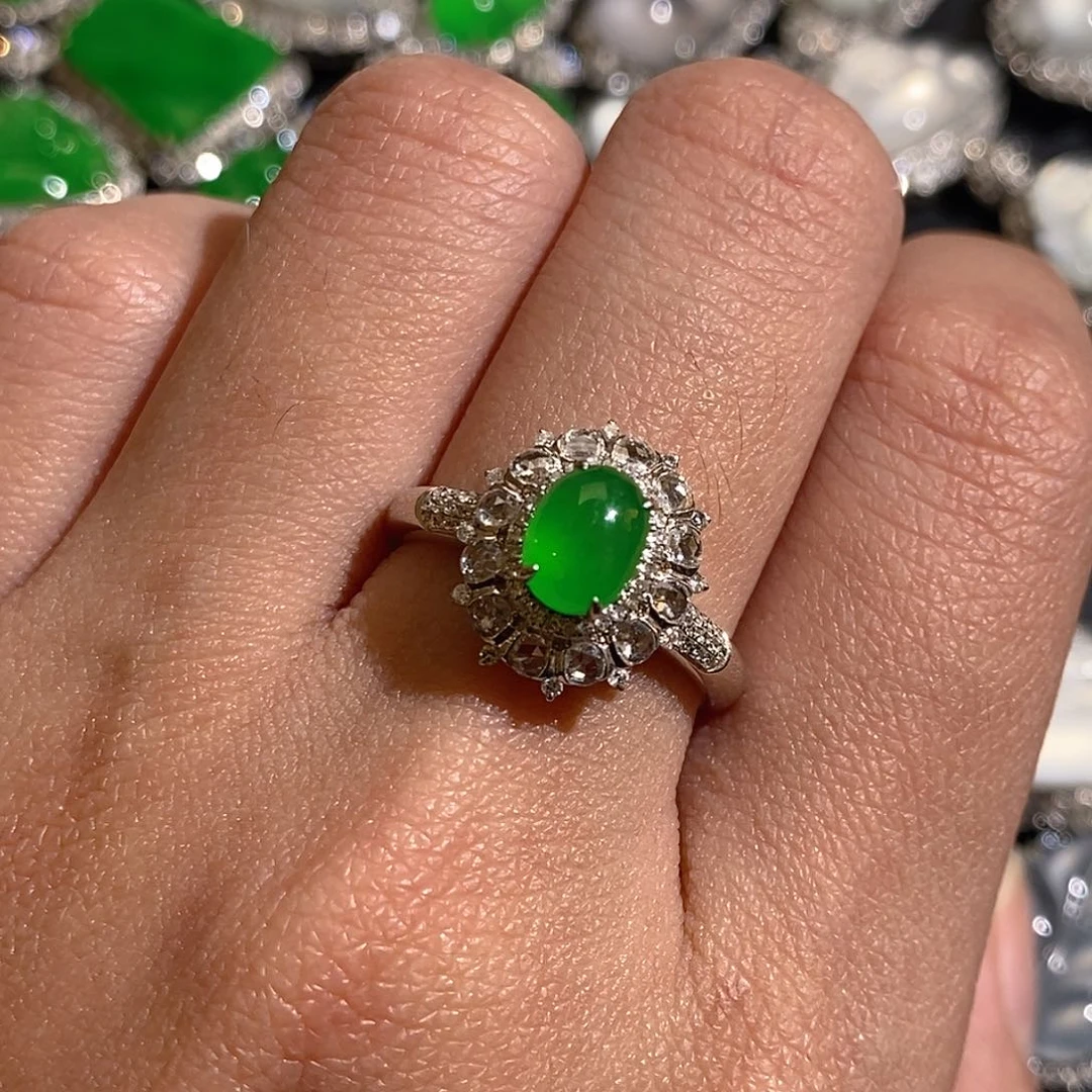 翡翠戒指18K金镶嵌天然缅甸A货翡翠