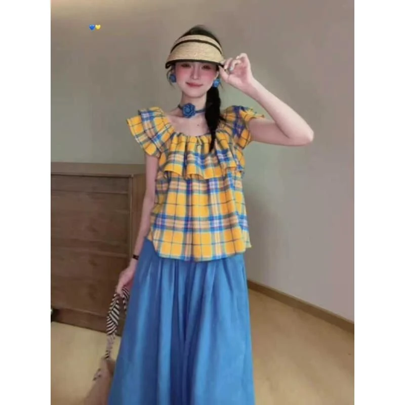 夏季新款一字肩格纹衬衫女洋气减龄百搭上衣宽松裤子7069