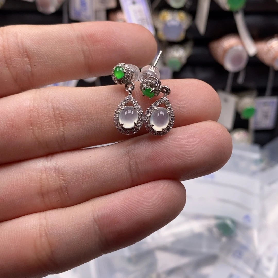 翡翠银S925镶嵌耳饰管*y天然缅甸翡翠a货