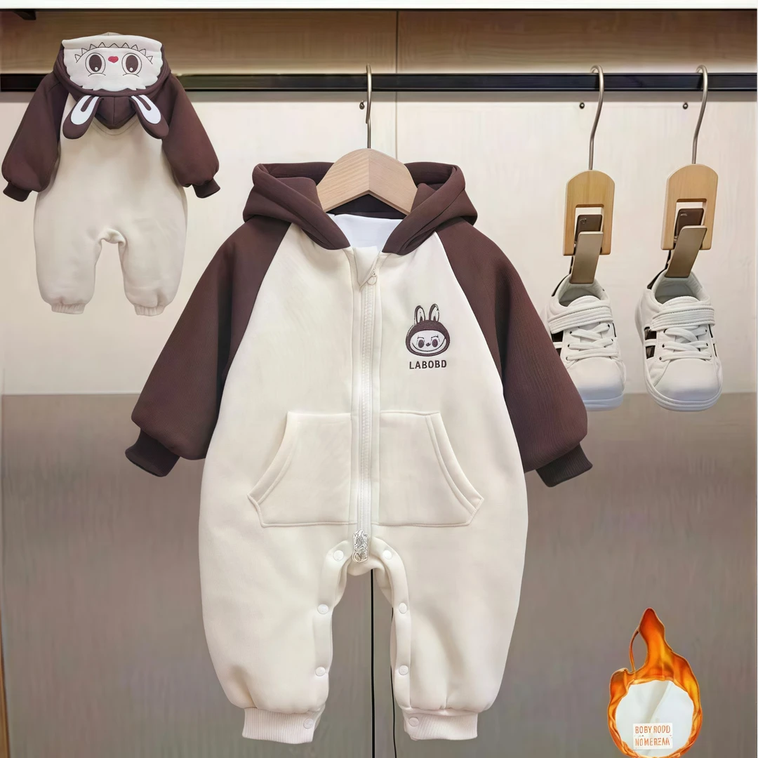 J新款男女宝加绒加厚可爱超萌卡通新生儿满月连帽外出连体哈衣Q93