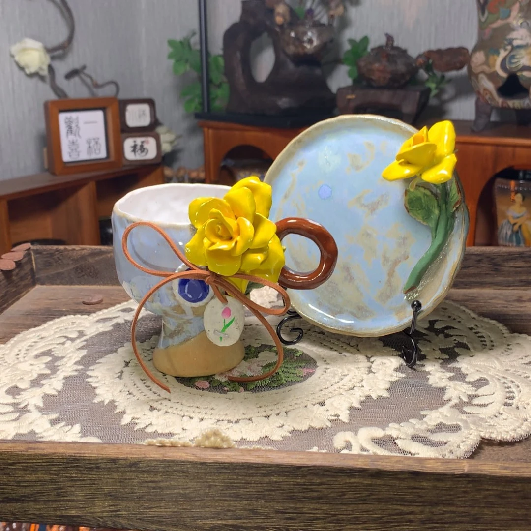 陶【微微瑕】蓝宝石黄玫瑰咖啡杯碟套装