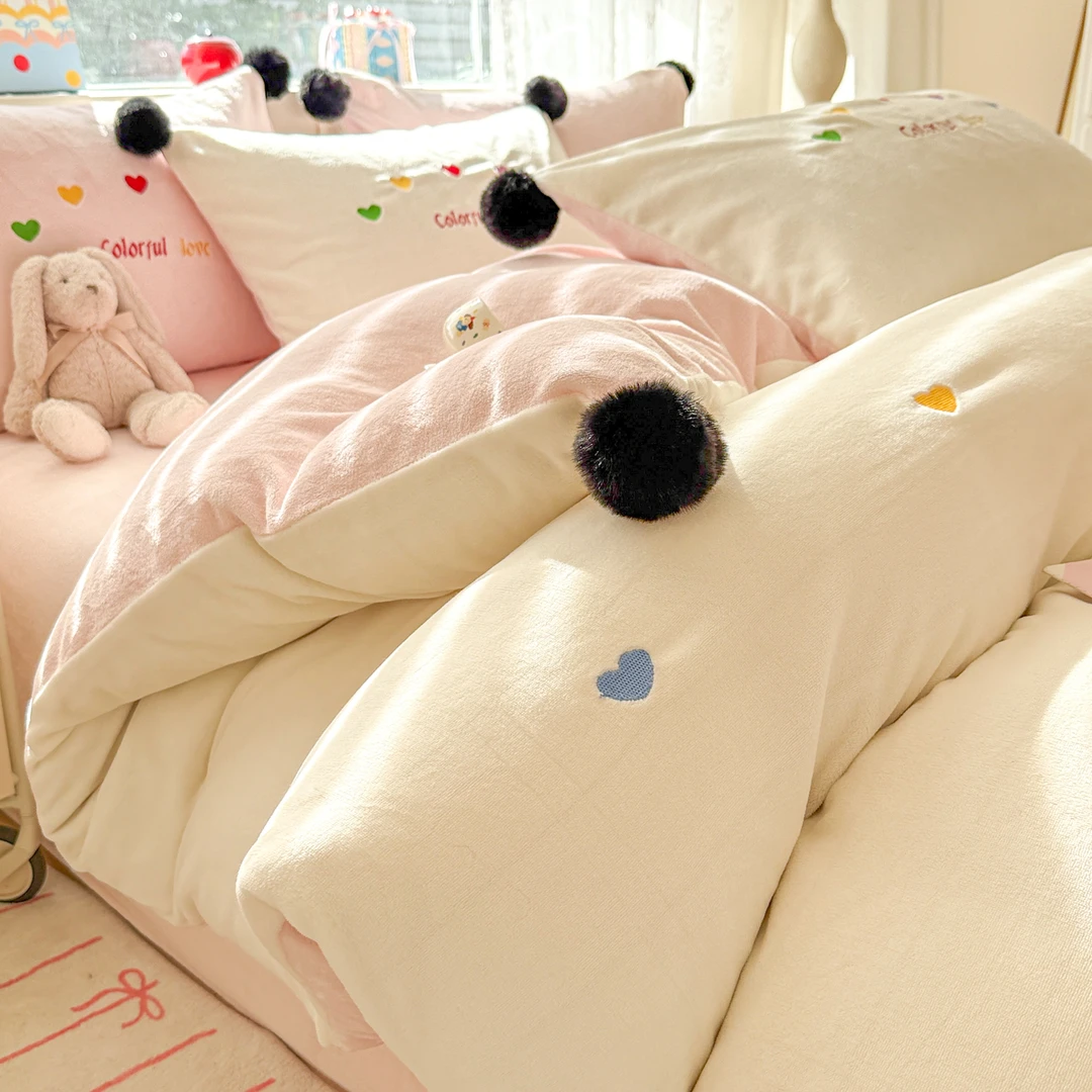 ins少女心毛球球加厚牛奶绒四件套冬天珊瑚绒被套加绒床单三件套