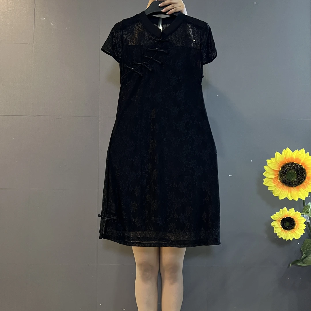 新中式复古盘扣蕾丝拼接收腰显瘦大码连衣裙8119