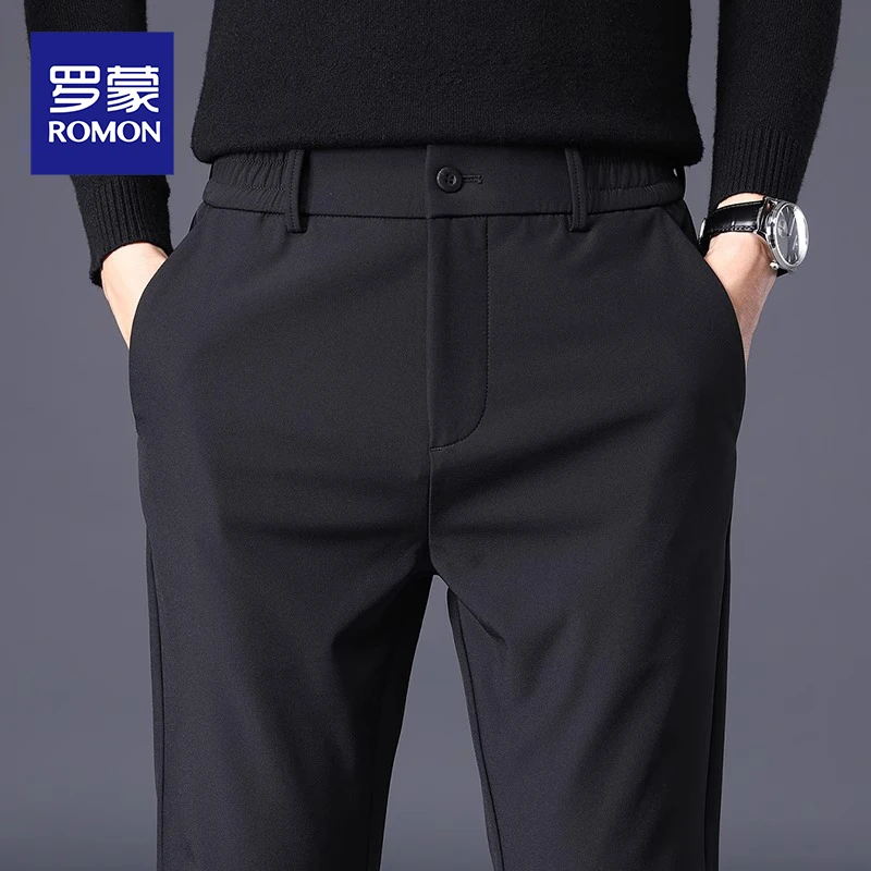 罗蒙秋季新款休闲裤男士修身小脚直筒长裤黑色商务垂感西装裤男款