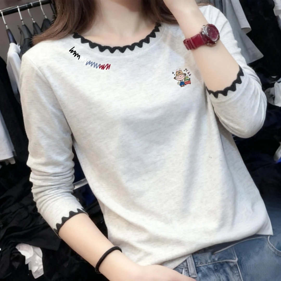 韩版卡通纯棉圆领长袖内搭女2025秋季撞色领减龄设计感百搭打底潮