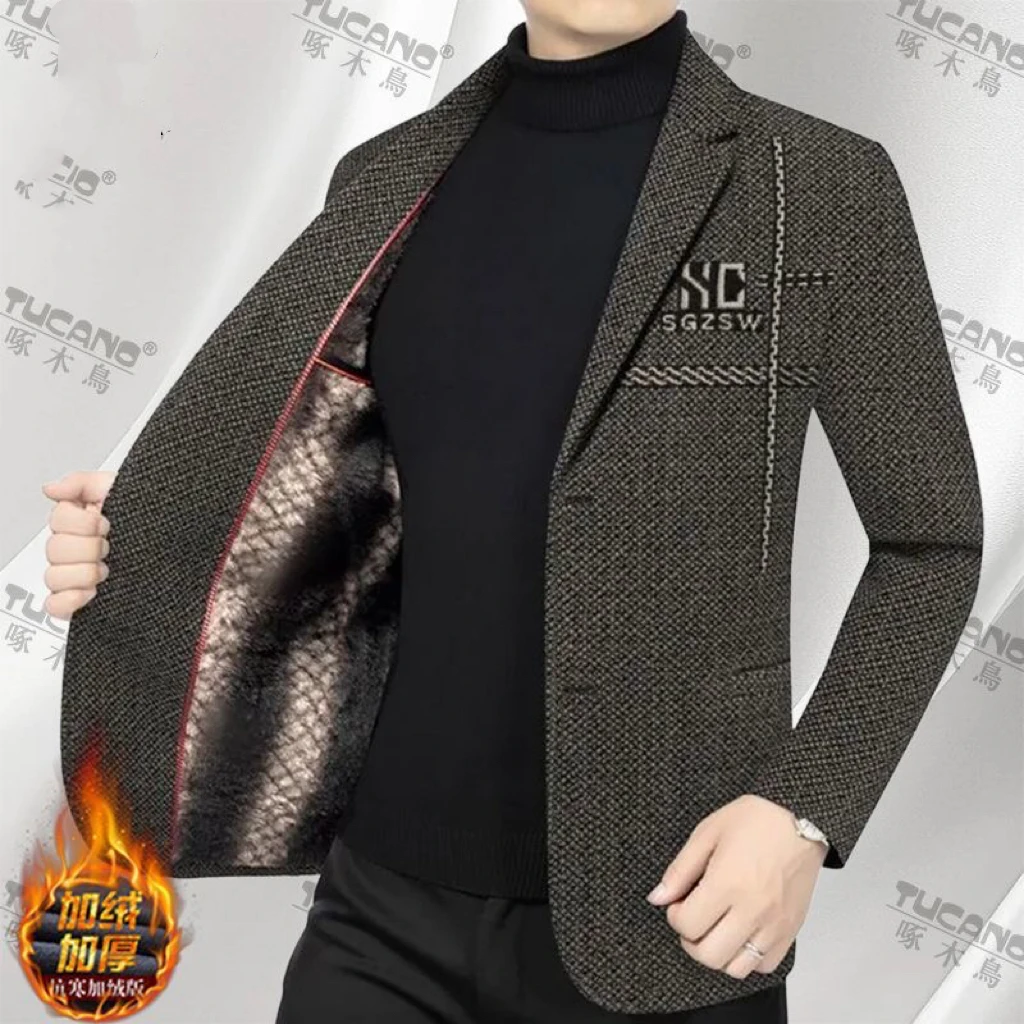 2025秋冬季新款男士加绒加厚高档商务西装时尚休闲西服外套