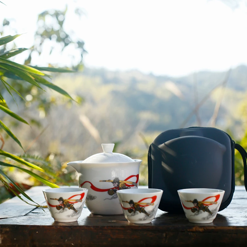 户外便携式旅行茶具套组大圣荷花羊脂玉瓷茶杯带包茶具一壶三杯